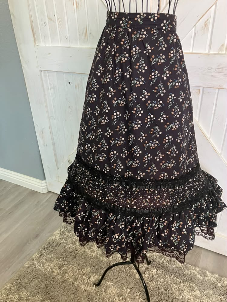 70's Vintage Gunne Sax Jessica's Gunnies Black Blue Brown White Daisy Calico Prairie Midi Skirt 9
