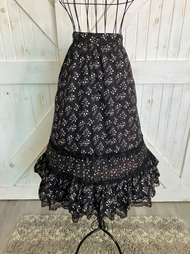 70's Vintage Gunne Sax Jessica's Gunnies Black Blue Brown White Daisy Calico Prairie Midi Skirt 9