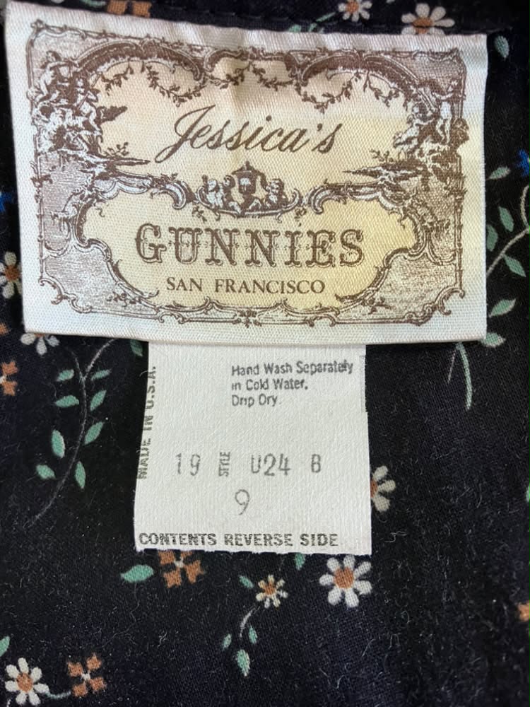 70's Vintage Gunne Sax Jessica's Gunnies Black Blue Brown White Daisy Calico Prairie Midi Skirt 9