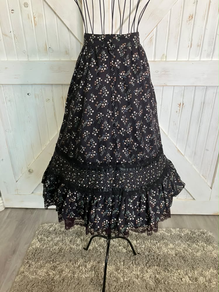 70's Vintage Gunne Sax Jessica's Gunnies Black Blue Brown White Daisy Calico Prairie Midi Skirt 9