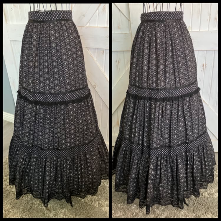 70's Vintage Gunne Sax Jessica's Gunnies Black White Purple Calico Dot Witchy Prairie Maxi Skirt