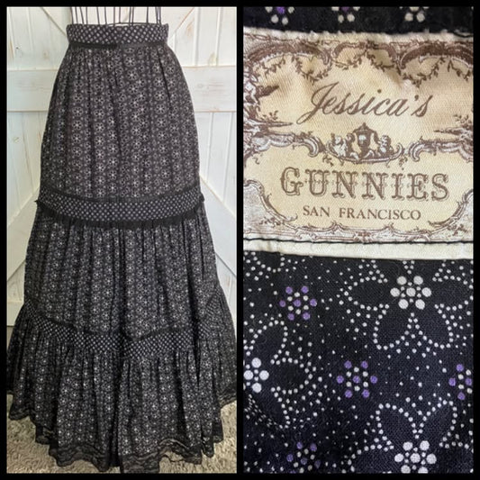 70's Vintage Gunne Sax Jessica's Gunnies Black White Purple Calico Dot Witchy Prairie Maxi Skirt
