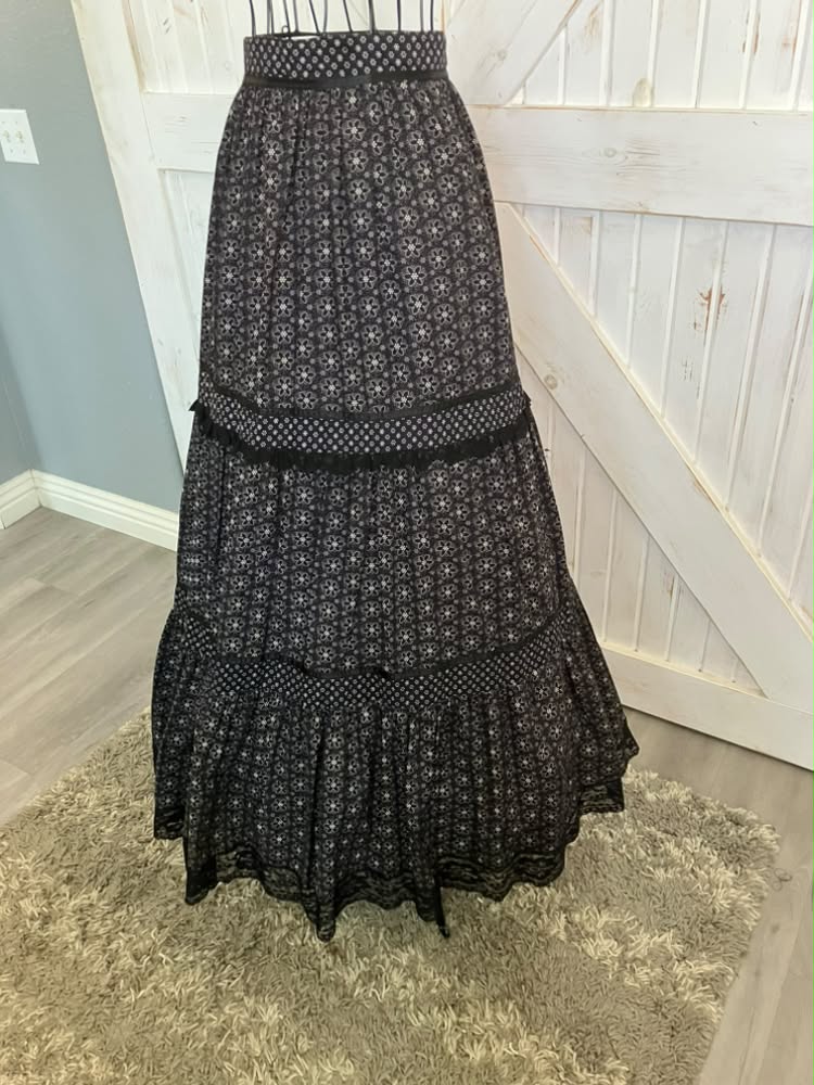 70's Vintage Gunne Sax Jessica's Gunnies Black White Purple Calico Dot Witchy Prairie Maxi Skirt