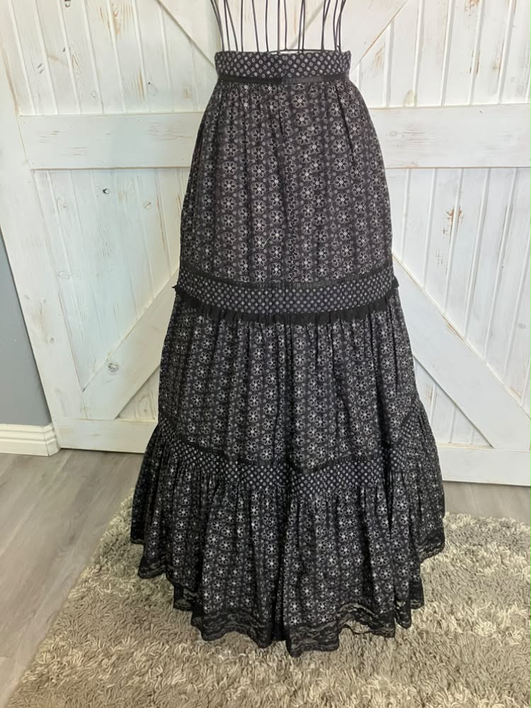 70's Vintage Gunne Sax Jessica's Gunnies Black White Purple Calico Dot Witchy Prairie Maxi Skirt