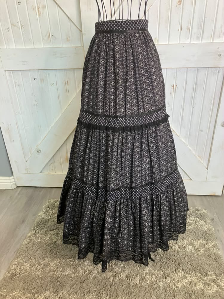 70's Vintage Gunne Sax Jessica's Gunnies Black White Purple Calico Dot Witchy Prairie Maxi Skirt