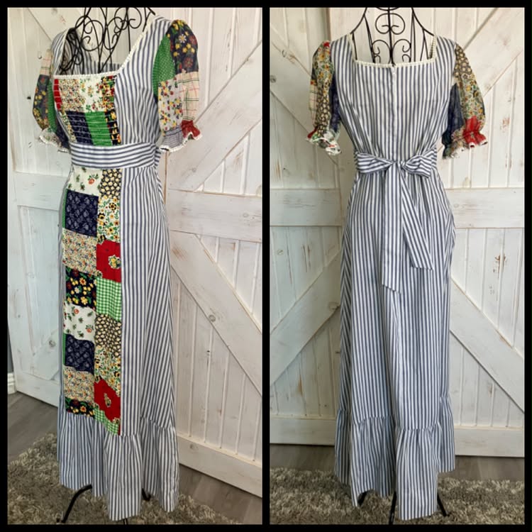 70's Vintage Terri Petites California Blue White Stripe Rainbow Patchwork Prairie Maxi Dress