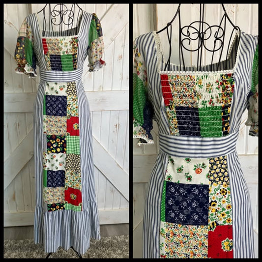 70's Vintage Terri Petites California Blue White Stripe Rainbow Patchwork Prairie Maxi Dress
