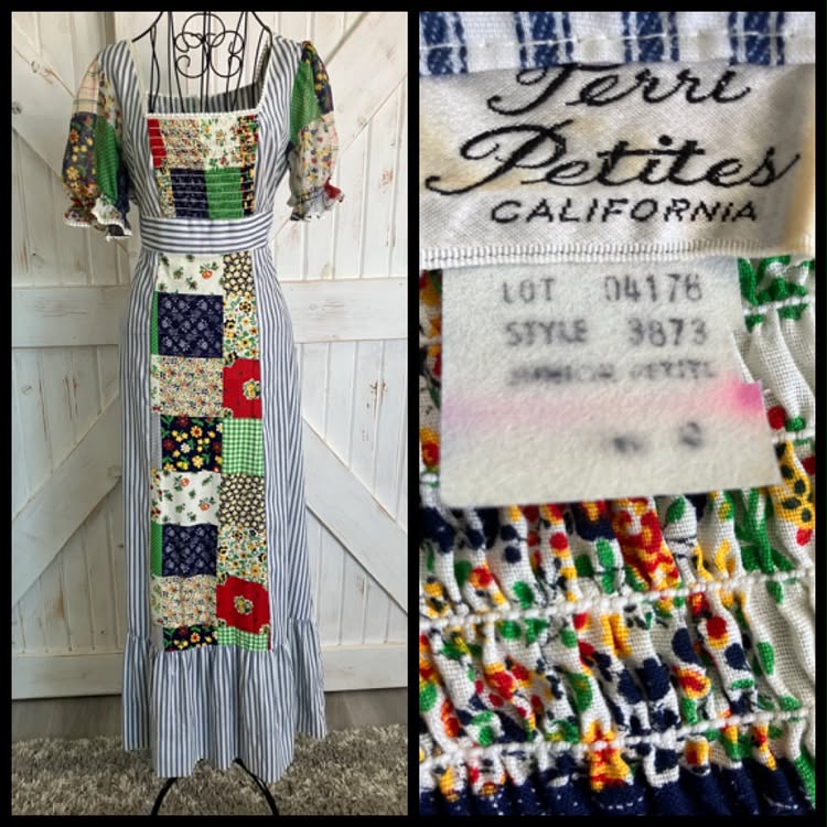 70's Vintage Terri Petites California Blue White Stripe Rainbow Patchwork Prairie Maxi Dress