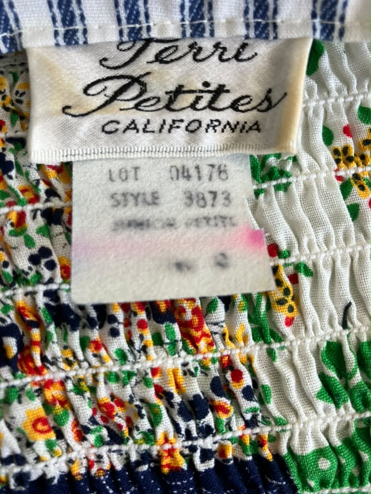 70's Vintage Terri Petites California Blue White Stripe Rainbow Patchwork Prairie Maxi Dress