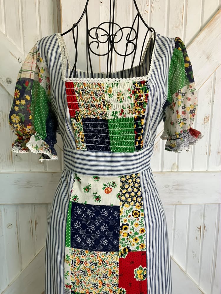 70's Vintage Terri Petites California Blue White Stripe Rainbow Patchwork Prairie Maxi Dress