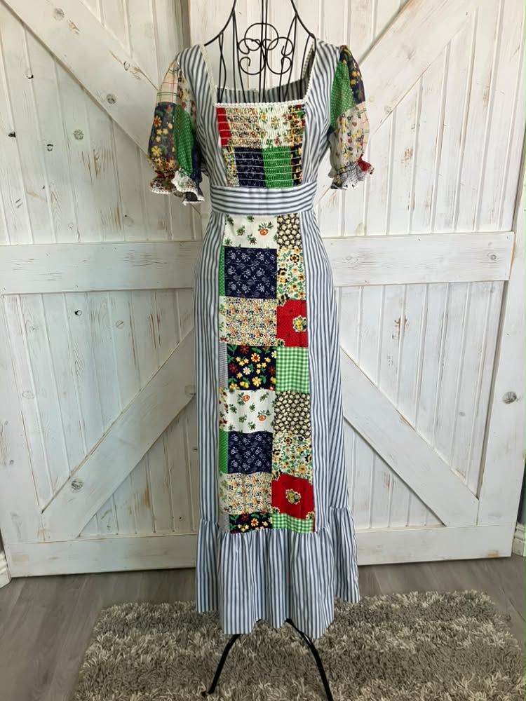 70's Vintage Terri Petites California Blue White Stripe Rainbow Patchwork Prairie Maxi Dress