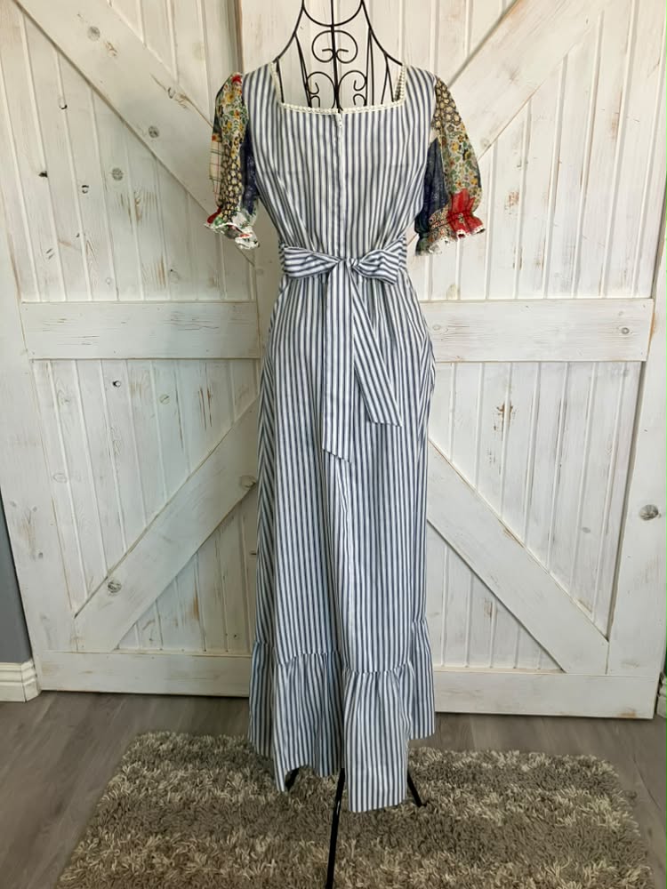 70's Vintage Terri Petites California Blue White Stripe Rainbow Patchwork Prairie Maxi Dress