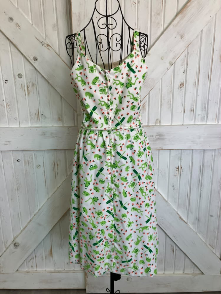 70's Vintage The Vested Gentress Frog Ladybug Novelty Print White Green Midi Sundress Dress + Original Belt