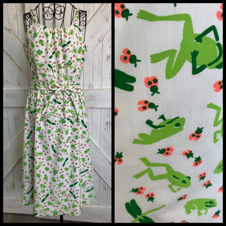 70's Vintage The Vested Gentress Frog Ladybug Novelty Print White Green Midi Sundress Dress + Original Belt