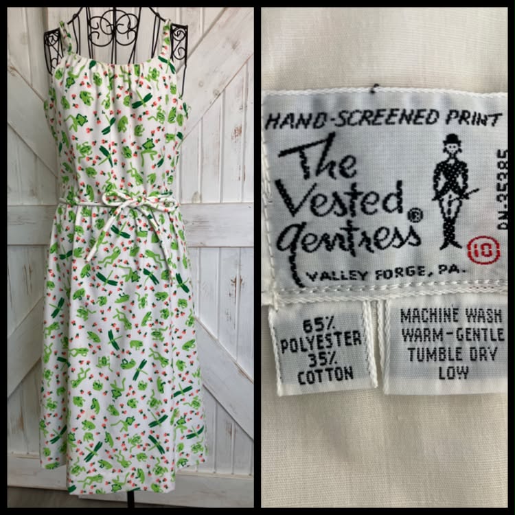 70's Vintage The Vested Gentress Frog Ladybug Novelty Print White Green Midi Sundress Dress + Original Belt