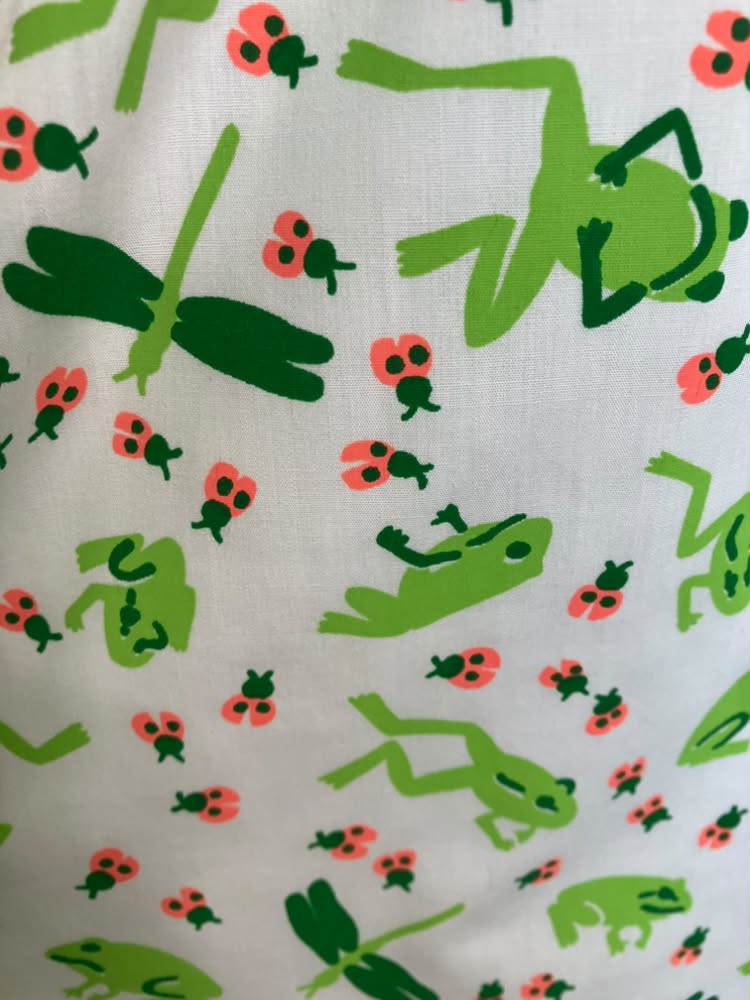 70's Vintage The Vested Gentress Frog Ladybug Novelty Print White Green Midi Sundress Dress + Original Belt