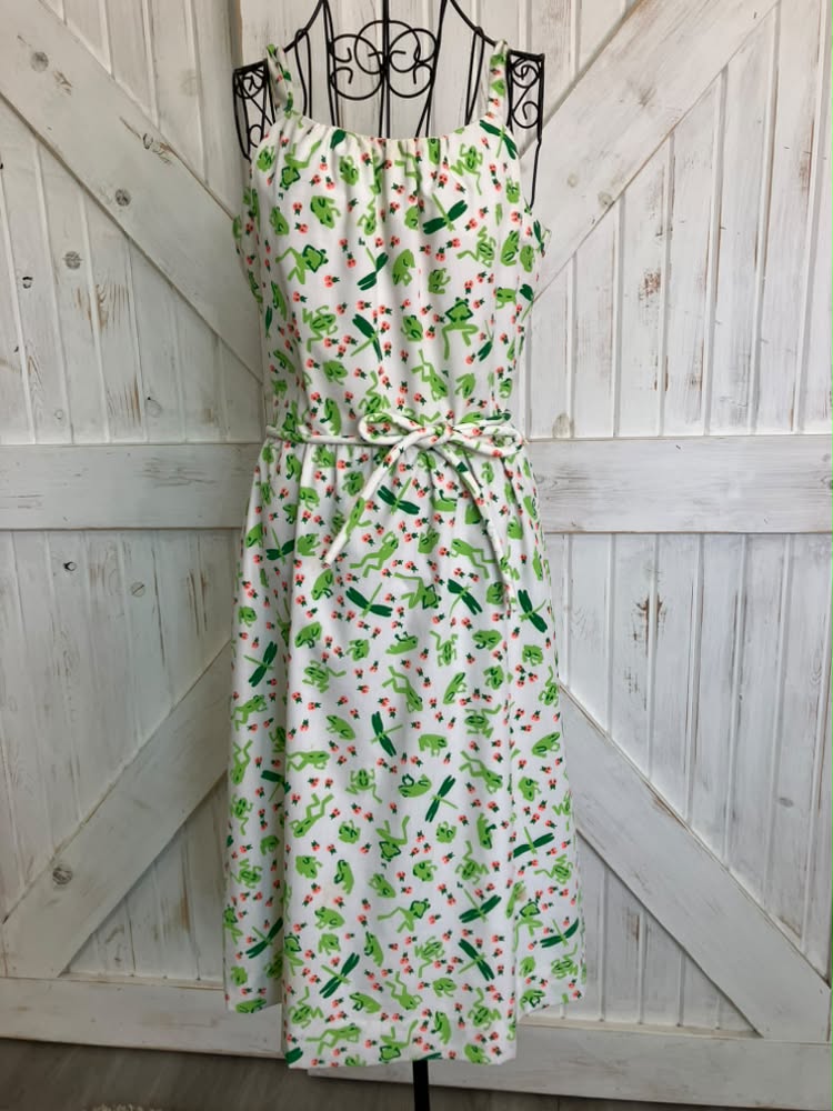 70's Vintage The Vested Gentress Frog Ladybug Novelty Print White Green Midi Sundress Dress + Original Belt