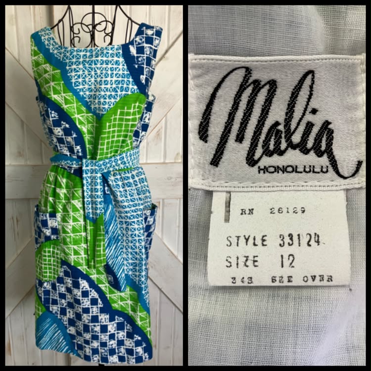70's Vintage Malia Honolulu Hawaiian Blue Green Batiki Tiki Wrap Sundress Mini Dress