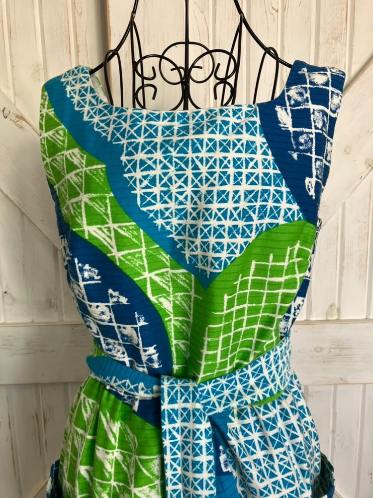 70's Vintage Malia Honolulu Hawaiian Blue Green Batiki Tiki Wrap Sundress Mini Dress