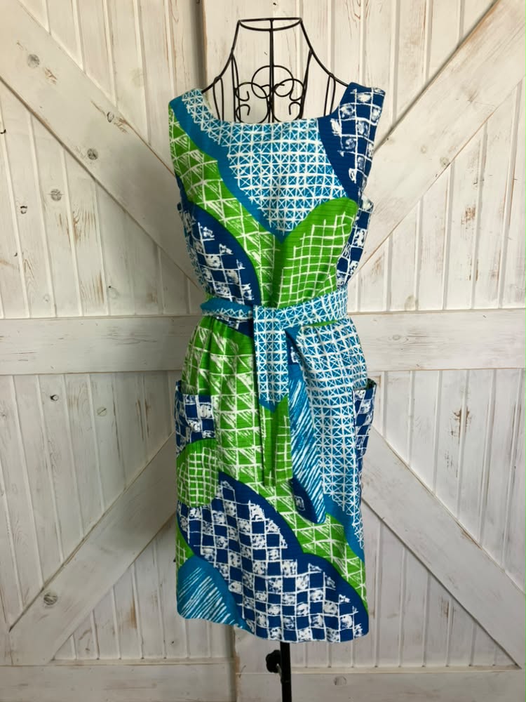 70's Vintage Malia Honolulu Hawaiian Blue Green Batiki Tiki Wrap Sundress Mini Dress