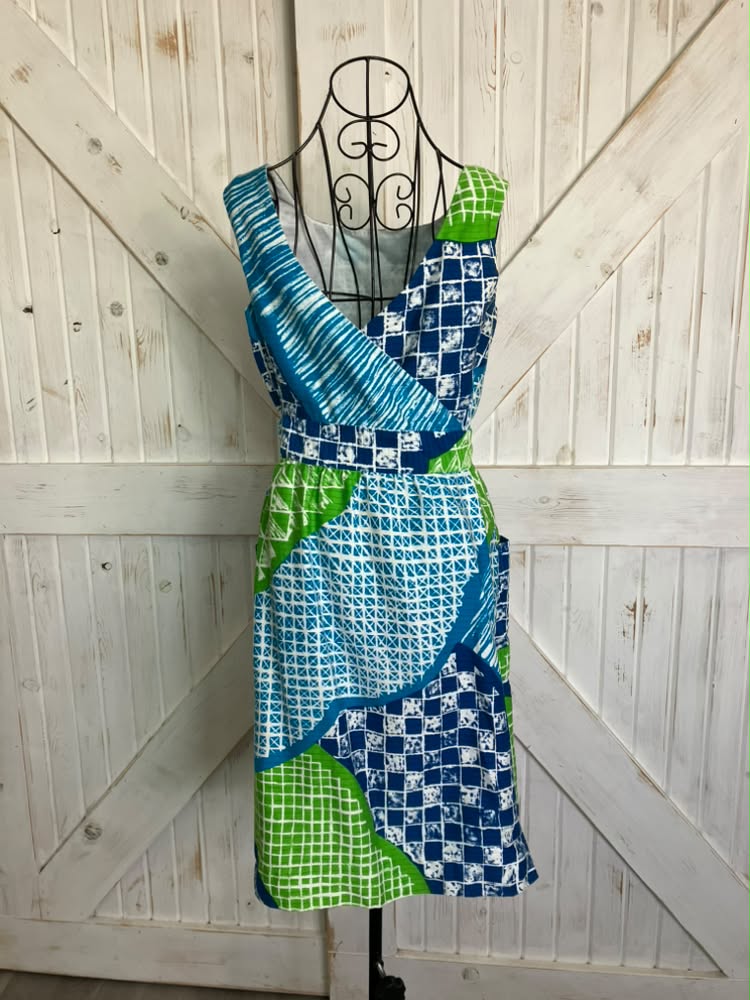 70's Vintage Malia Honolulu Hawaiian Blue Green Batiki Tiki Wrap Sundress Mini Dress