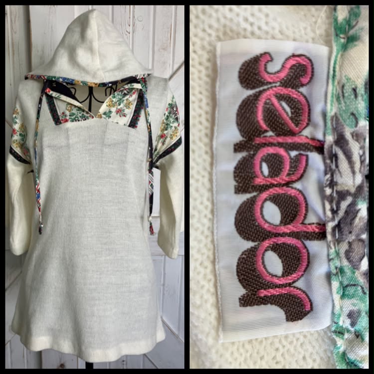 80's Vintage Selador White Knit Rainbow Calico Floral Hoodie Hood Top Blouse Shirt
