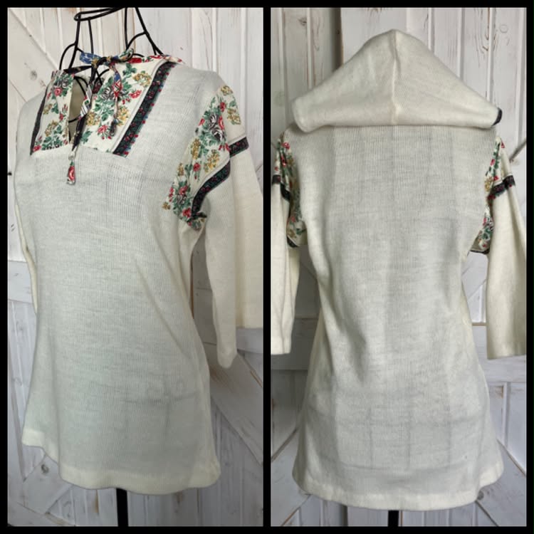 80's Vintage Selador White Knit Rainbow Calico Floral Hoodie Hood Top Blouse Shirt