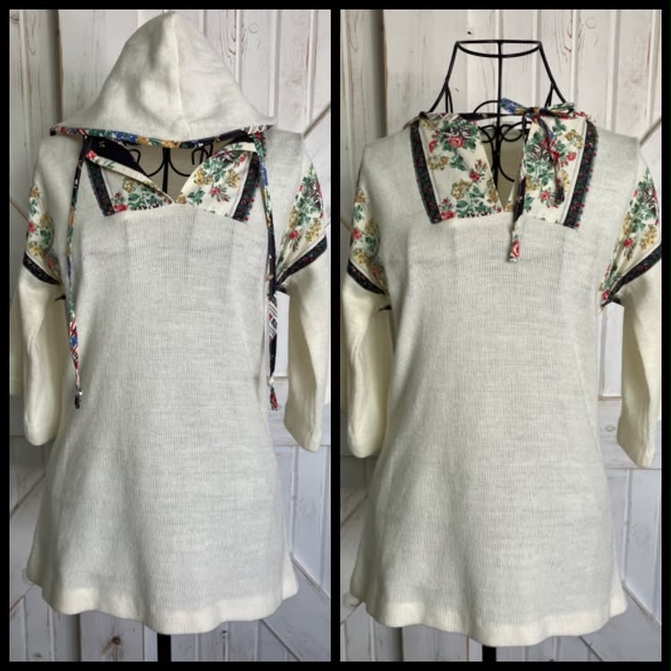 80's Vintage Selador White Knit Rainbow Calico Floral Hoodie Hood Top Blouse Shirt