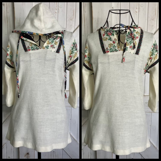 80's Vintage Selador White Knit Rainbow Calico Floral Hoodie Hood Top Blouse Shirt