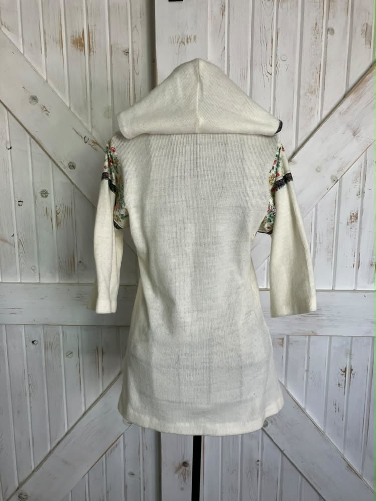 80's Vintage Selador White Knit Rainbow Calico Floral Hoodie Hood Top Blouse Shirt