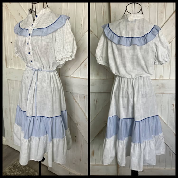 80's Vintage DBA LA California Blue White Polka Dot Stripe Prairie Mini Dress +Original Belt