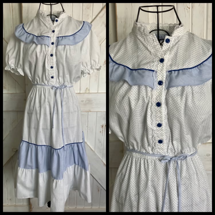 80's Vintage DBA LA California Blue White Polka Dot Stripe Prairie Mini Dress +Original Belt