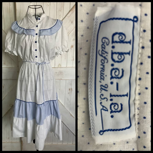 80's Vintage DBA LA California Blue White Polka Dot Stripe Prairie Mini Dress +Original Belt