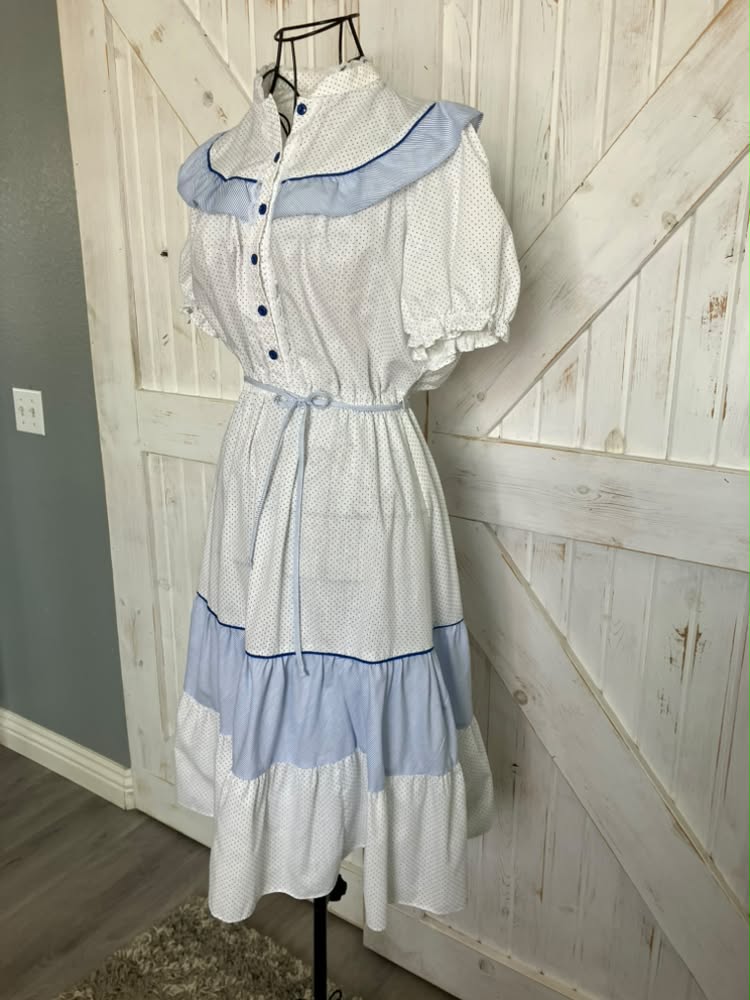 80's Vintage DBA LA California Blue White Polka Dot Stripe Prairie Mini Dress +Original Belt