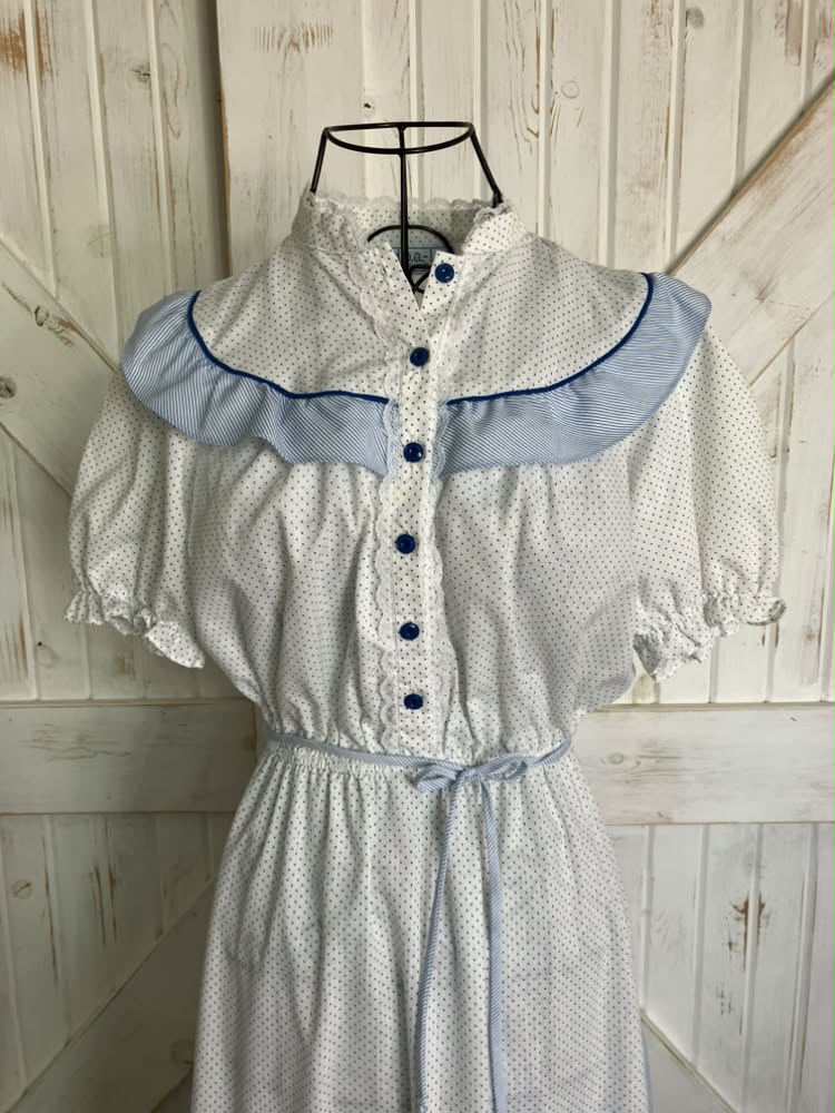 80's Vintage DBA LA California Blue White Polka Dot Stripe Prairie Mini Dress +Original Belt
