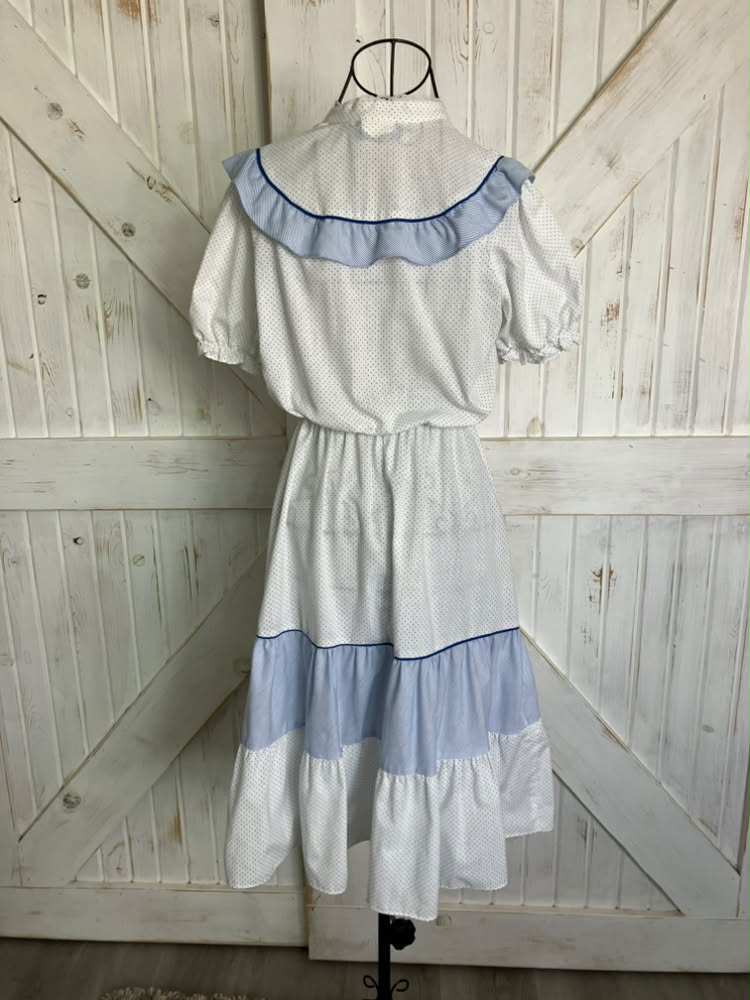 80's Vintage DBA LA California Blue White Polka Dot Stripe Prairie Mini Dress +Original Belt