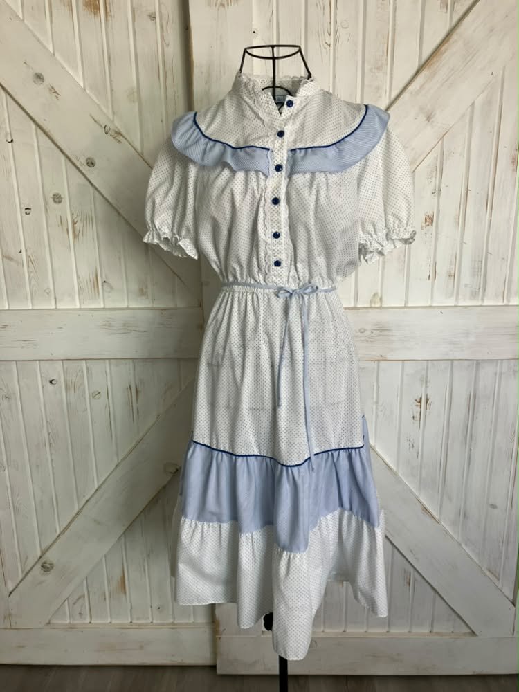 80's Vintage DBA LA California Blue White Polka Dot Stripe Prairie Mini Dress +Original Belt