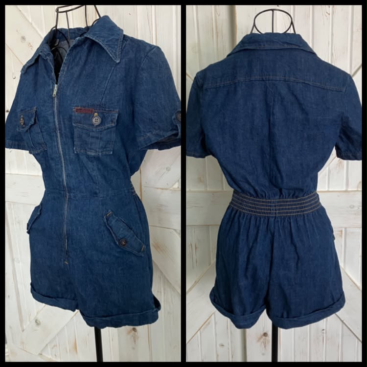 70's Vintage Landlubber Blue Jean Denim Front Zip Mini Romper Mini Jumpsuit
