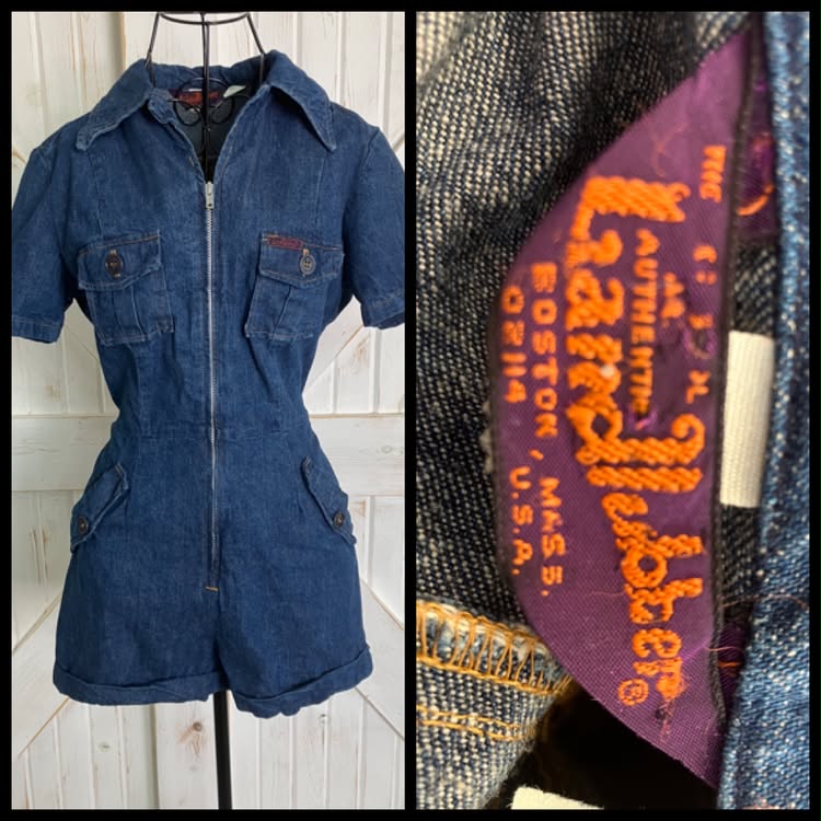 70's Vintage Landlubber Blue Jean Denim Front Zip Mini Romper Mini Jumpsuit