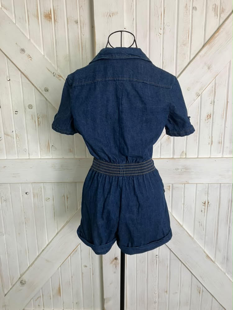 70's Vintage Landlubber Blue Jean Denim Front Zip Mini Romper Mini Jumpsuit