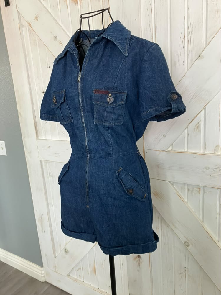 70's Vintage Landlubber Blue Jean Denim Front Zip Mini Romper Mini Jumpsuit
