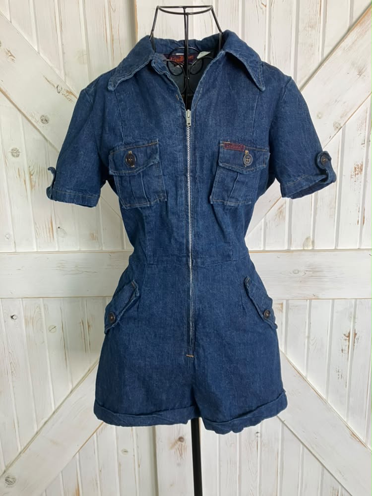 70's Vintage Landlubber Blue Jean Denim Front Zip Mini Romper Mini Jumpsuit