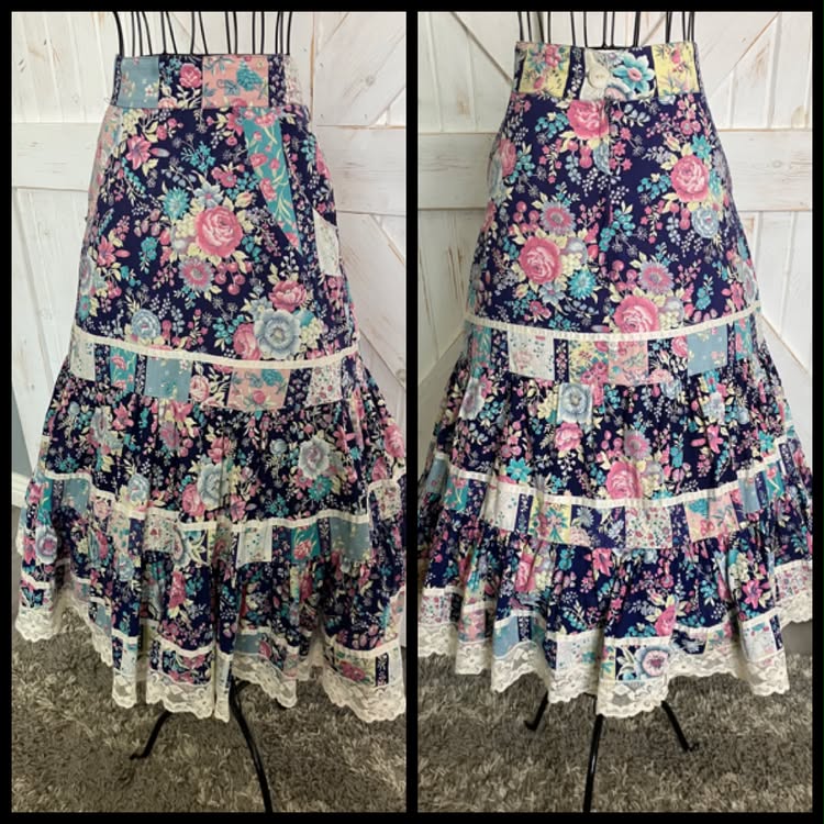 70's Vintage Blue Pink Fruit Berry Cherries Rose Calico Floral Gunne Sax STYLE Prairie Midi Skirt