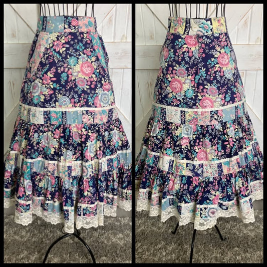 70's Vintage Blue Pink Fruit Berry Cherries Rose Calico Floral Gunne Sax STYLE Prairie Midi Skirt