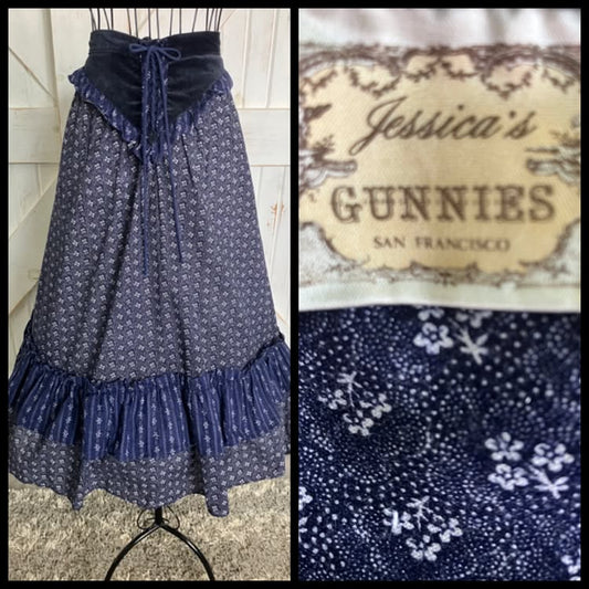 70's Vintage Gunne Sax Jessica's Gunnies Blue White Calico Velvet Corset Waist Prairie Midi Skirt