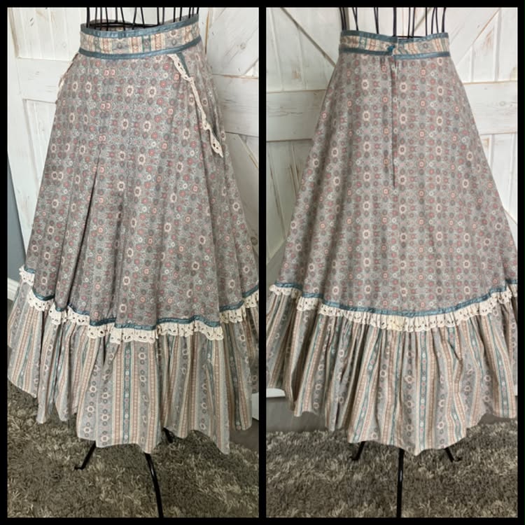 70's Vintage Gunne Sax Jessica's Gunnies Blue Pink Snowflake Calico Prairie Midi Skirt *ALTERED