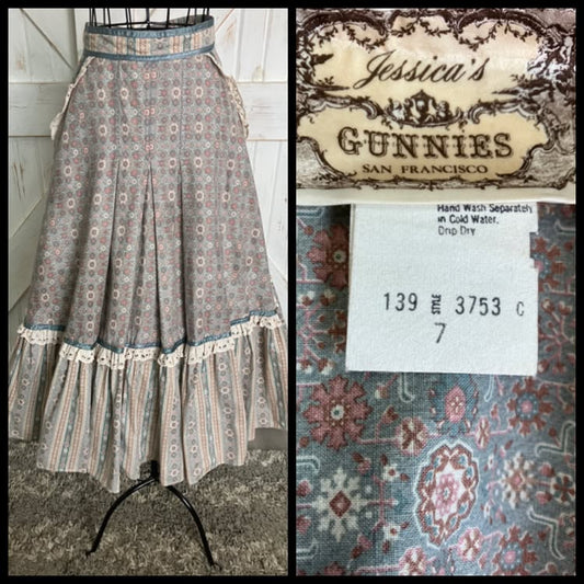 70's Vintage Gunne Sax Jessica's Gunnies Blue Pink Snowflake Calico Prairie Midi Skirt *ALTERED