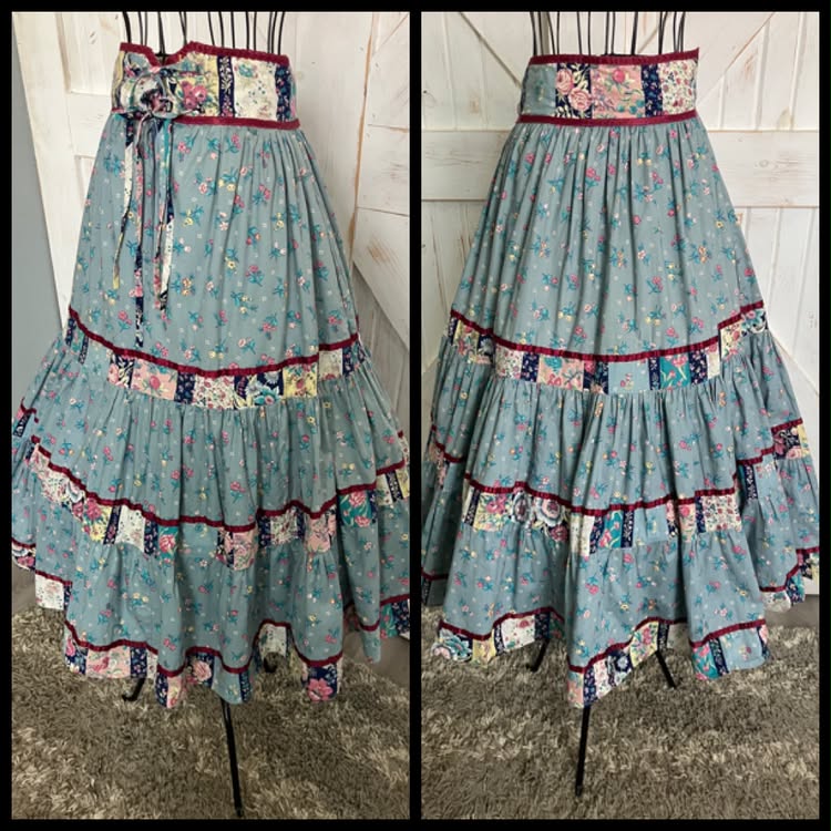 70's Vintage Gunne Sax Jessica's Gunnies Blue Red Pink Fruit Bird Print Prairie Midi Skirt