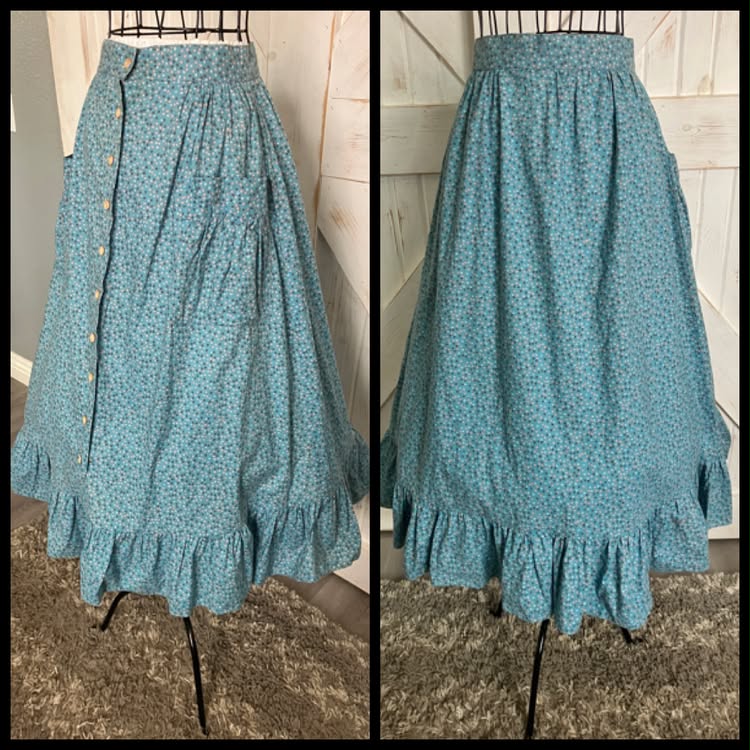 70's Vintage Gunne Sax Jessica's Gunnies Teal Blue Calico Prairie Big Pocket Midi Skirt 11