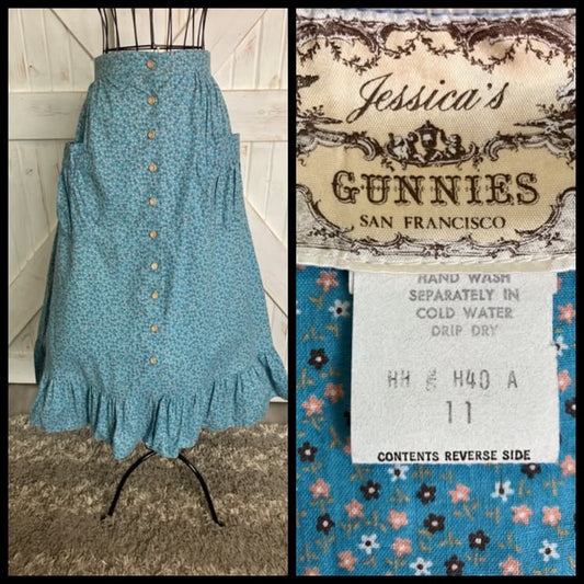 70's Vintage Gunne Sax Jessica's Gunnies Teal Blue Calico Prairie Big Pocket Midi Skirt 11